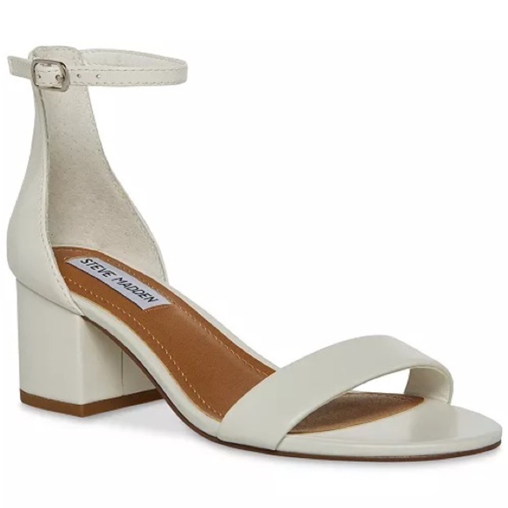 Steve Madden Irenee White Leather Sandals, 10, Low Block Heel Bridal